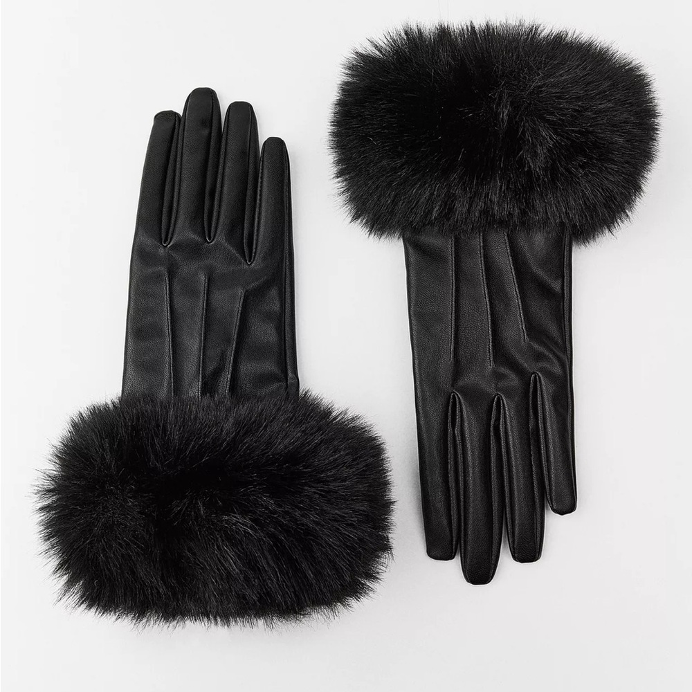 Black Faux Fur-Trimmed Vegan Leather Gloves